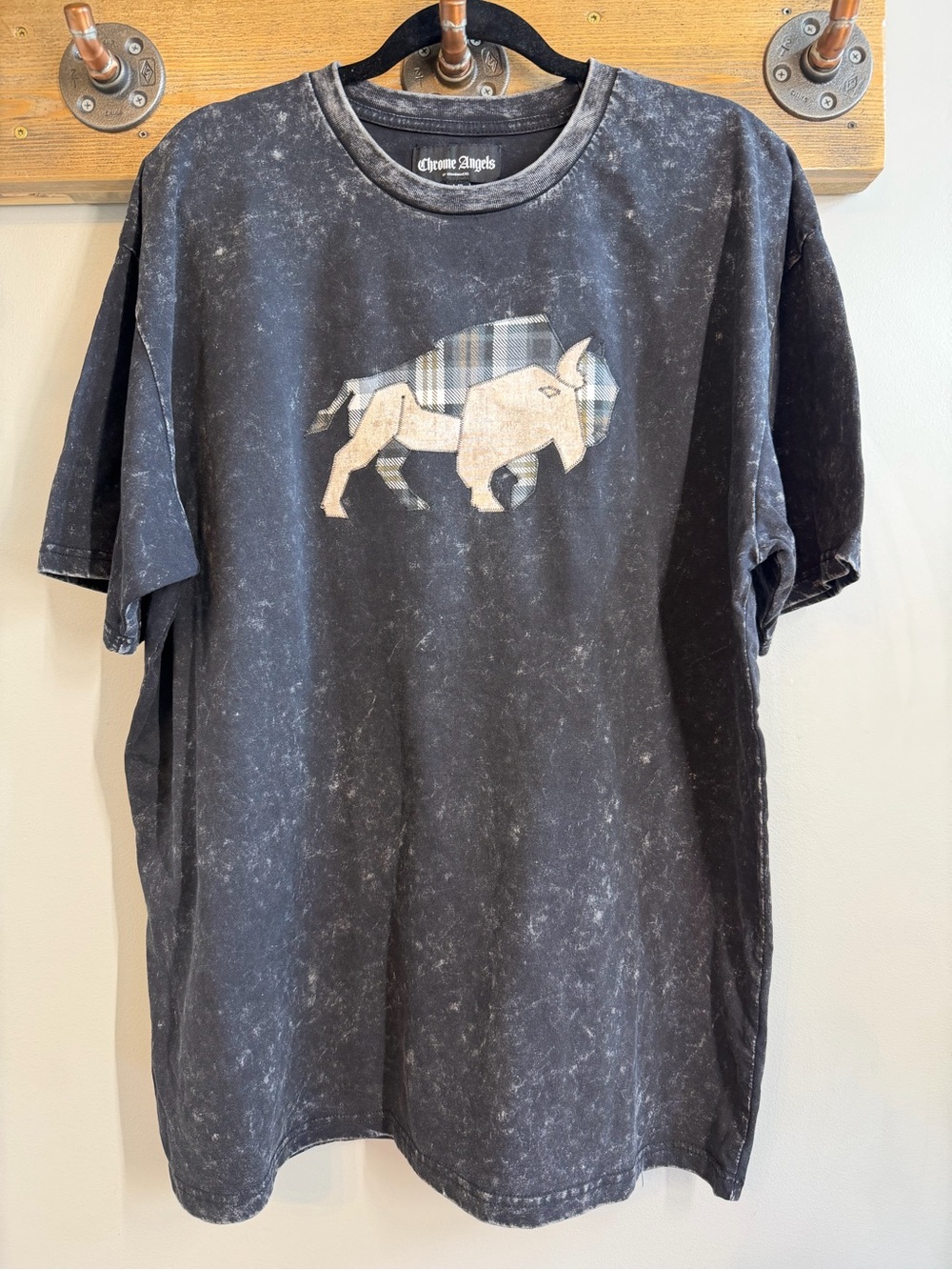 Custom handmade appliqué Black Washed Short-Sleeve Tee with Buffalo